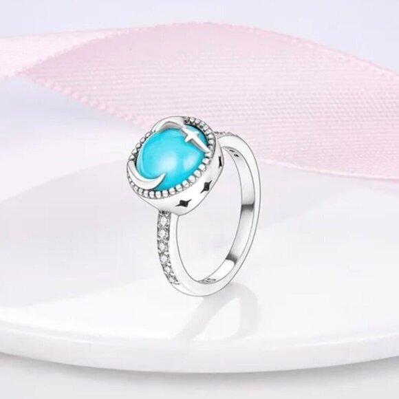 NWT Ring S925 Sterling Silver Stamped Star Moon CZ Turquoise Cabochon Sz. 7 - Picture 6 of 9